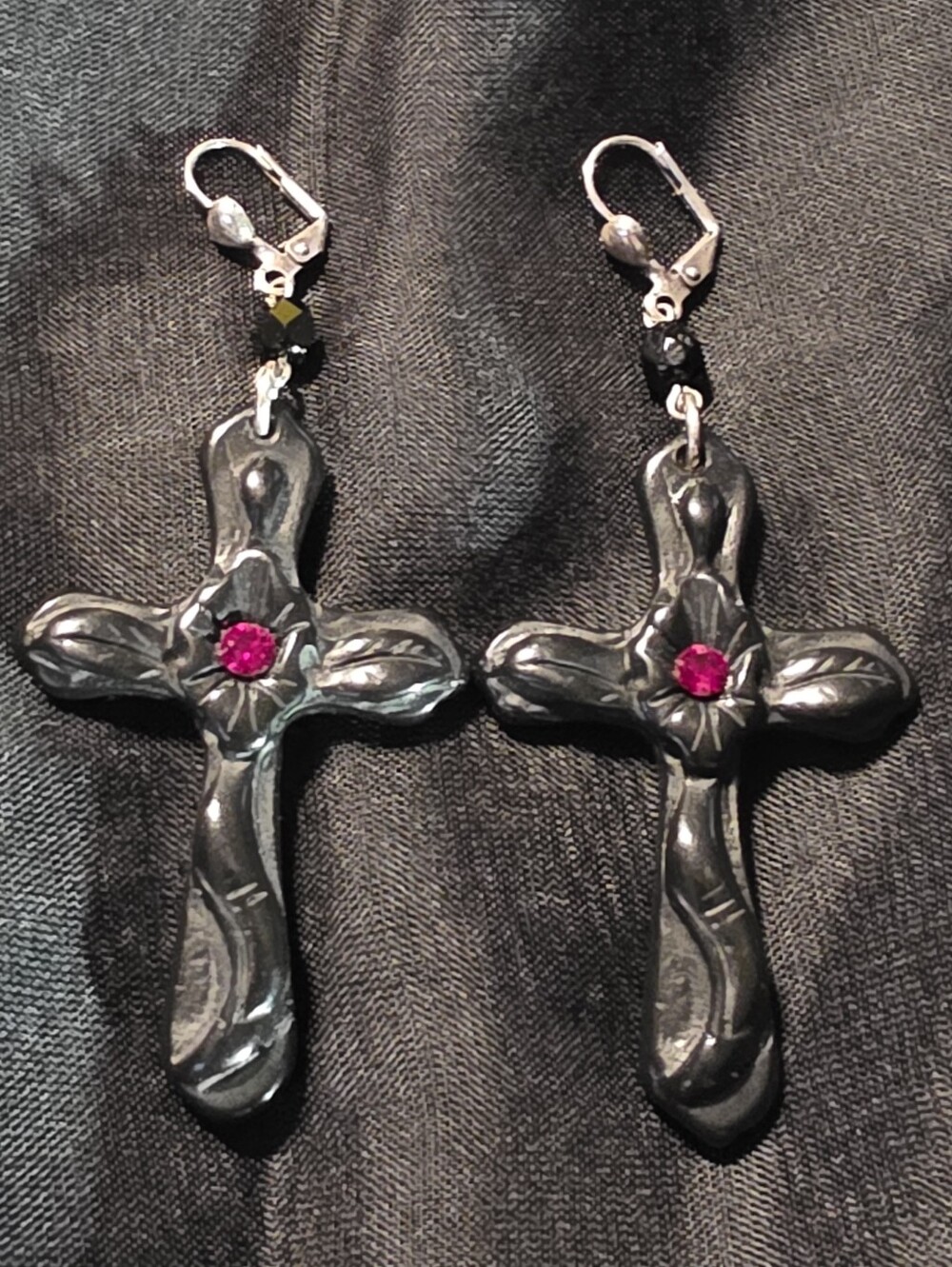 Black Bakelite Cross Drop Earrings with Red Crystal Accent